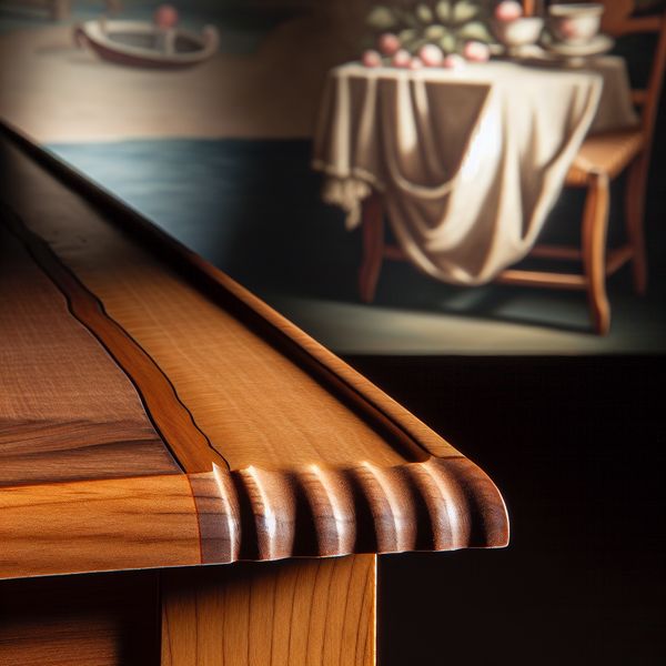 Een gedetailleerde houten tafel met een opvallende groef in het oppervlak, die het vakmanschap van het houtwerk benadrukt.