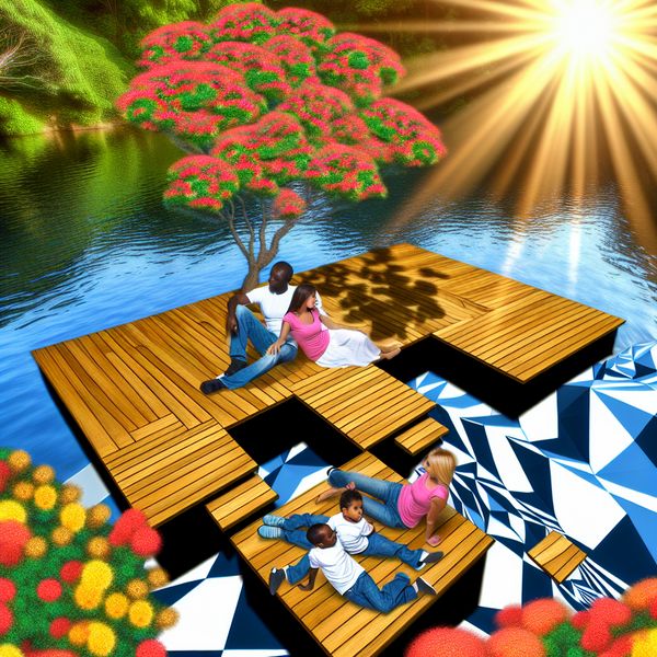 Serene Houten Vlonder boven een Meer Houten vlonder boven een rustig meer met een gezin dat van de zon en bloemen geniet.