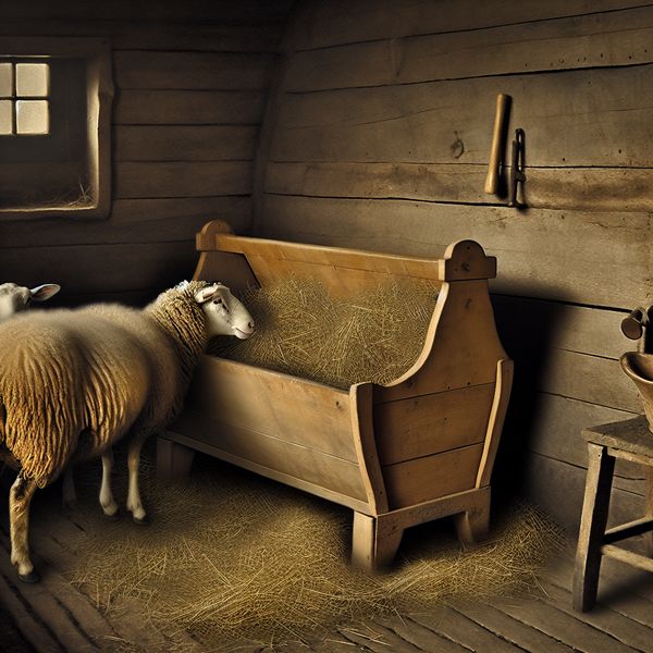 Houten voederbak voor schapen in een landelijke schuur Rustieke houten voederbak voor schapen in een boerderij, gevuld met hooi