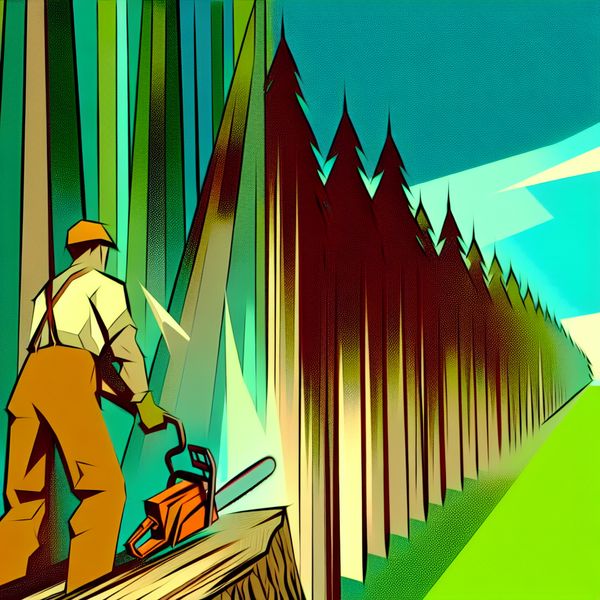 Houtproductie Retro-Futuristische Illustratie van een Timberman Een retro-futuristische illustratie van een timberman die bomen zorgvuldig afkapte in een groen bos met een heldere lucht.