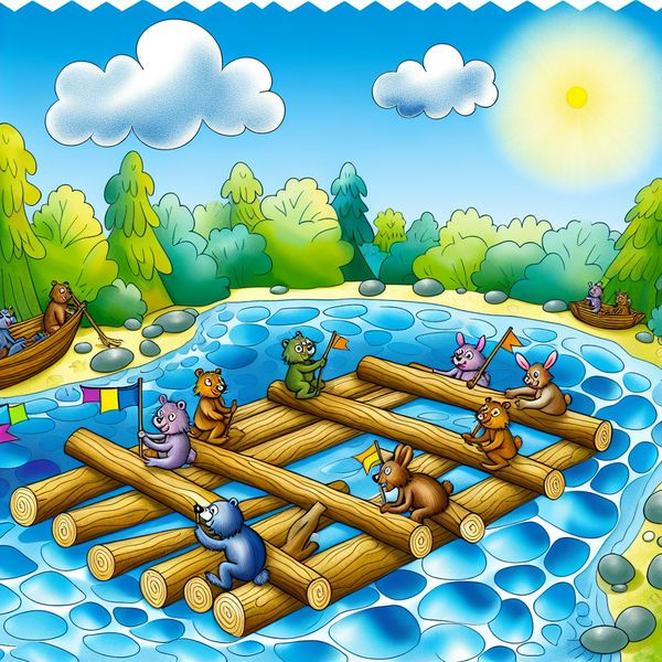 Een speelse cartoonachtige afbeelding van een groot houten vlot met kleurrijke vlaggen, waarop dieren zoals beren en konijnen samenwerken en plezier behalen op een sprankelende rivier.
