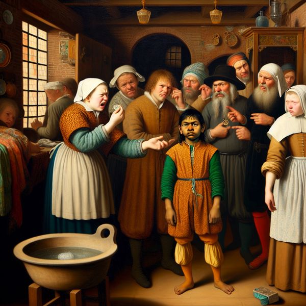 Huidreactie op allergie of irritatie in historische genrescène 17e-eeuws Nederlands huishouden met een meisje dat een huidreactie vertoont na contact met zeep, omringd door bezorgde familieleden