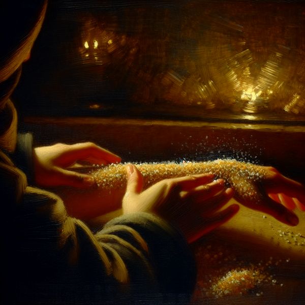 Hand die een korrelige scrub aanbrengt op een arm tijdens huidverzorging, met glinsterende suiker- of zoutdeeltjes onder warm licht