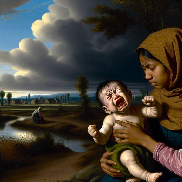 Huilbaby in klassiek Nederlands landschap: emotionele scène voor taalonderwijs 17e-eeuws Nederlands landschapsschilderij van Jacob van Ruisdael met een jonge moeder die een hard huilende baby vasthoudt in een serene omgeving