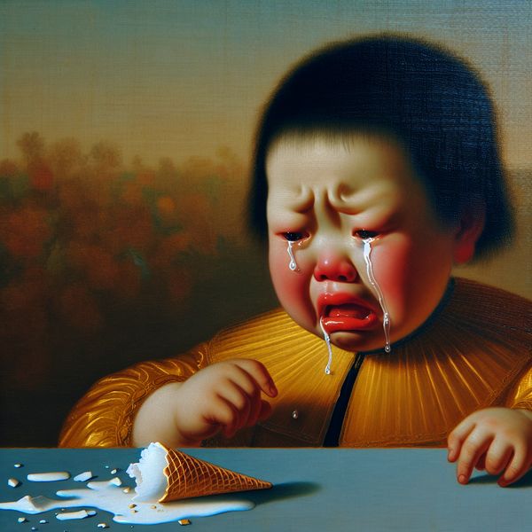 Emotioneel kind met huilgezicht en gevallen ijsje - taal leren Nederlands Jong kind met tranen huilt om een gevallen ijsje in barokke schilderstijl