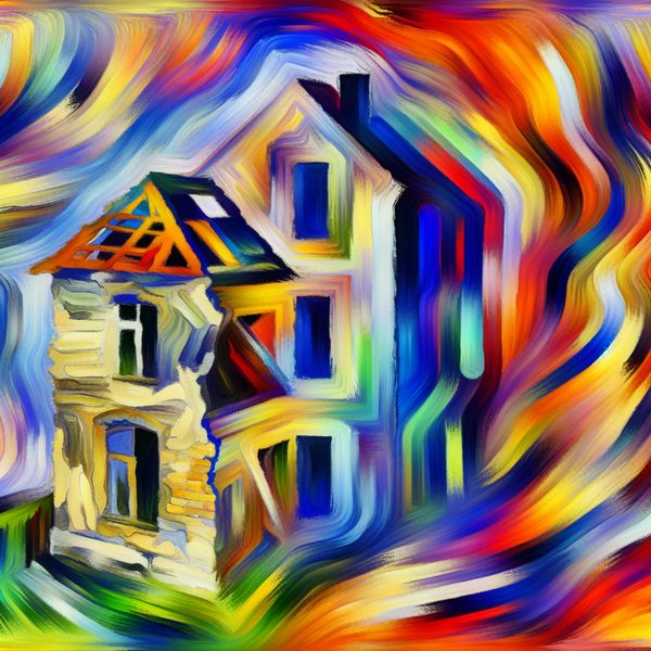 Huis in Renovatie - Abstracte Kunst Karel Appel Stijl Abstracte voorstelling van een huis in renovatie, met verval aan de ene kant en levendige restauratie aan de andere.