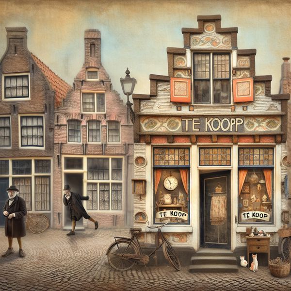 Nostalgisch huis te koop met gehaaste voorbijganger in sprookjesachtige straat Schilderachtige oude straat met een nostalgisch huis te koop, een gehaaste man met een zakhorloge en charmante details in de stijl van Anton Pieck