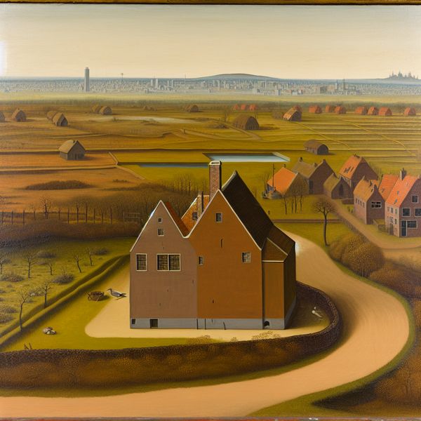 Rustig plattelandslandschap met een huis tussen een stad en een dorp, verlicht door zacht, gediffunderd licht.