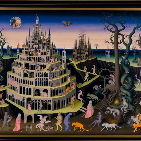 Huis van Oranje-Nassau: Surrealistisch Paleis en Fantastische Wezens Surrealistisch beeld van het Huis van Oranje-Nassau met een kleurrijk paleis omringd door bizarre wezens in de stijl van Hieronymus Bosch.