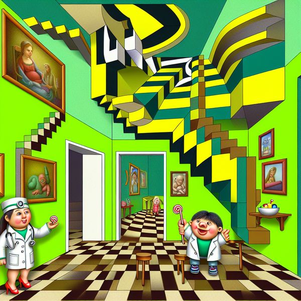 Speelse Huisartsje in Surrealistische Dokterspraktijk Een surrealistisch en geometrisch geïllustreerde huisartsje in een speelse dokterpraktijk met optische illusies en een glimlachend kind.