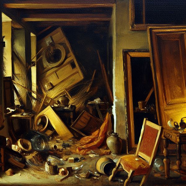 Huisgehouden: dramatische scène van inbraakschade in Rembrandt-stijl Dramatische schilderij in Rembrandt-stijl van een door inbrekers vernield huis met omgegooide meubels, gebroken glas en chaos