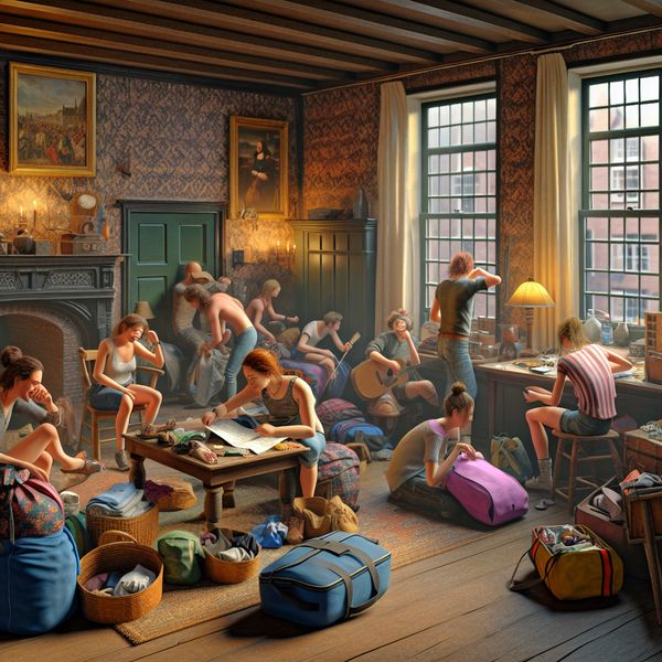 Huisgenoten bereiden zich voor op festival - gezellige studentenhuis sfeer Levendige studentenhuis-scène met diverse huisgenoten die zich voorbereiden op een festival, in de stijl van Jan Steen