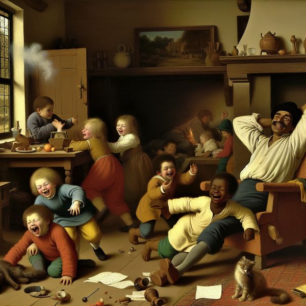Een levendig huishoudelijk tafereel met spelende kinderen terwijl een lachende ouder ontspannen in een stoel zit met een kop thee.