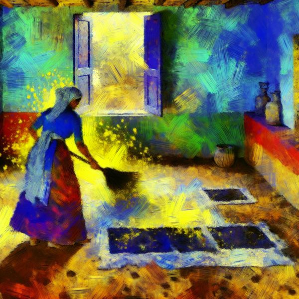 Persoon veegt met bezem de vloer in een levendig Van Gogh-stijl interieur, stofdeeltjes dansen in het zonlicht