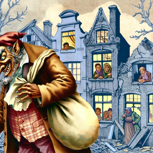 Uitbuitende huisjesmelker illustratie in Anton Pieck stijl Illustratie van een huisjesmelker met een zak munten voor een vervallen gebouw