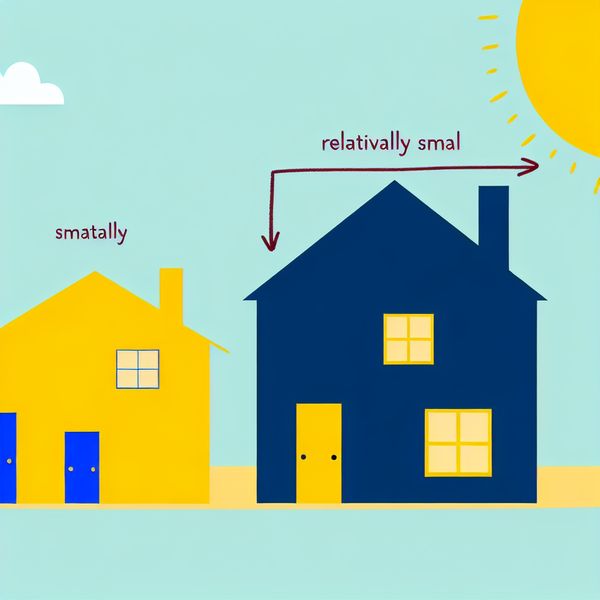 Illustratie van twee huizen in verschillende groottes, een geel kleiner huis en een blauw groter huis, met een vrolijke lucht en een pijl die 'relatief klein' aangeeft