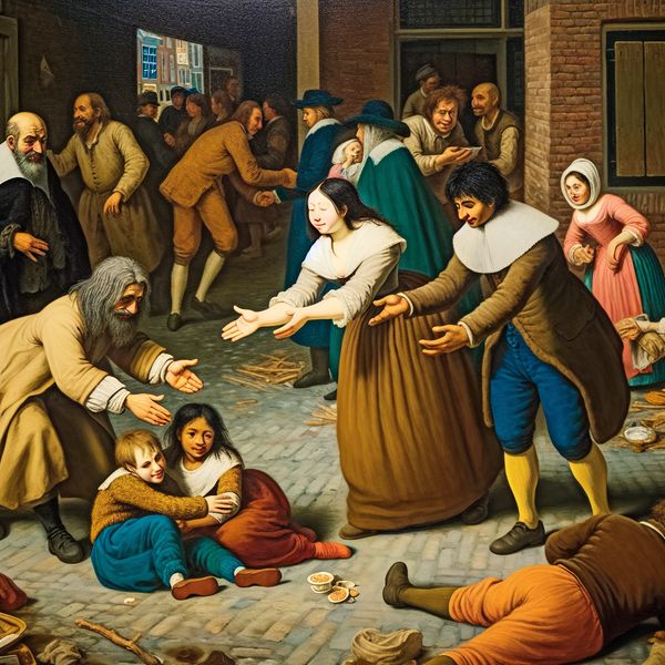 Hulp Aanbieding in de Stadsstraat – Solidair en Ondersteunend Vibrante straat scène met een vrouw die hulp aanbiedt aan een dankbare familie in een drukke stedelijke omgeving.