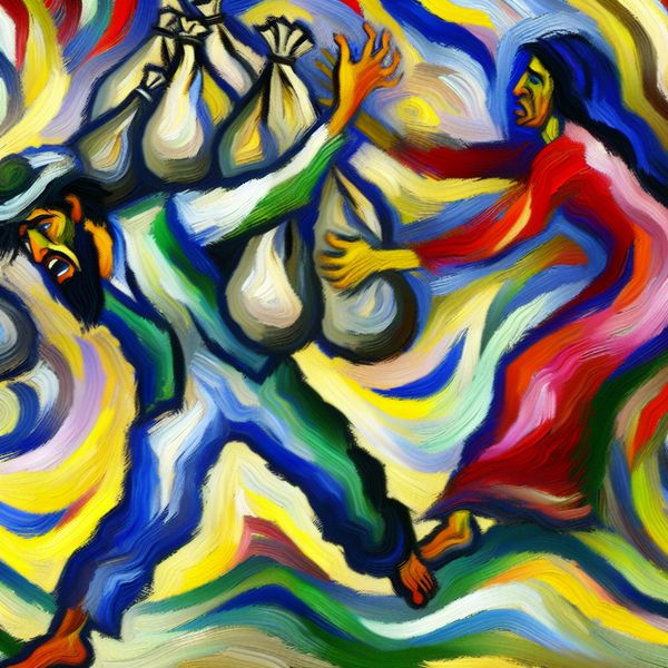 Abstracte voorstelling van hulp bieden onder moeilijke omstandigheden - taal leren Nederlands Abstract expressionistisch schilderij van twee personen waarbij de ene persoon zware boodschappentassen draagt en de andere helpende hand biedt onder moeilijke omstandigheden
