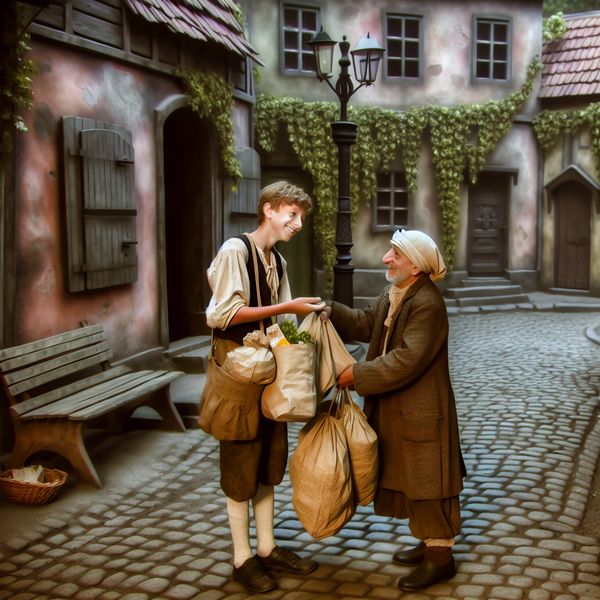 Hulpvaardige helper: kleine klusjes in een nostalgische buurt Vriendelijke jongen helpt oudere buurman met boodschappen dragen in nostalgisch straatje