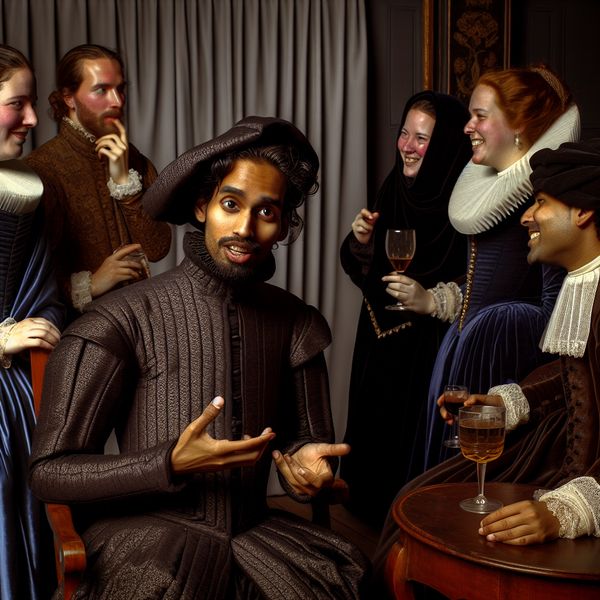 17e-eeuwse Nederlandse interieurscène met een groep mensen die lachen om een grapje tijdens een gesprek