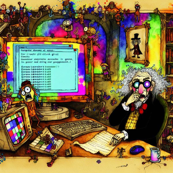 Humoristische Cartoon van een Computerfout en Programmer Een cartoonachtige afbeelding van een computer met een foutmelding, omringd door komische personages en een chaotisch bureau.
