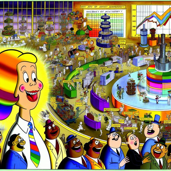 Cartoonachtige afbeelding van een druk kantoor waar een blije zakenpersoon verschillende financiële activa, zoals machines en gebouwen, inventariseert.