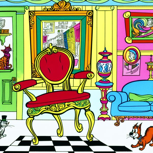Een humoristisch cartoonbeeld van een woonkamer met een dwarsstaande stoel, een kat die verbaasd kijkt en een hond die probeert te passeren.