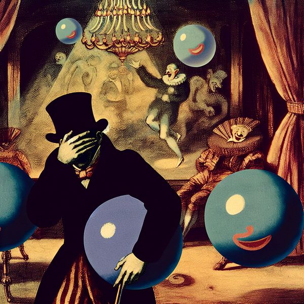 Humoristische illustratie van een man met testikels Cartoonachtige tekening van een man die zijn gezicht beschaamd bedekt en grote, grappige testikels vasthoudt in een gothic setting.
