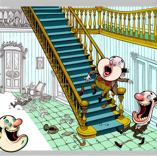 Een komische illustratie van een cartoonfiguur die een trede mist en dreigt te vallen van een kleurrijke trap.