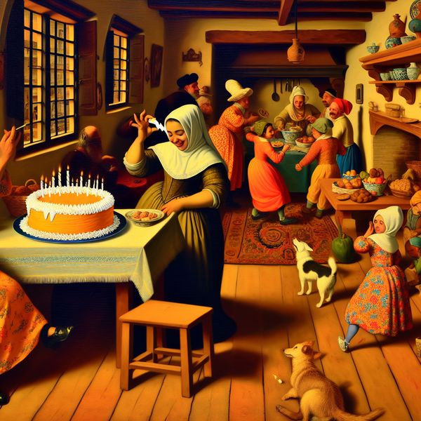Humoristische keuken scene met een onbelangrijk gebrek Vrouw bewondert een prachtig cake in een levendige keuken, met een kleine onvolkomenheid op het bord.