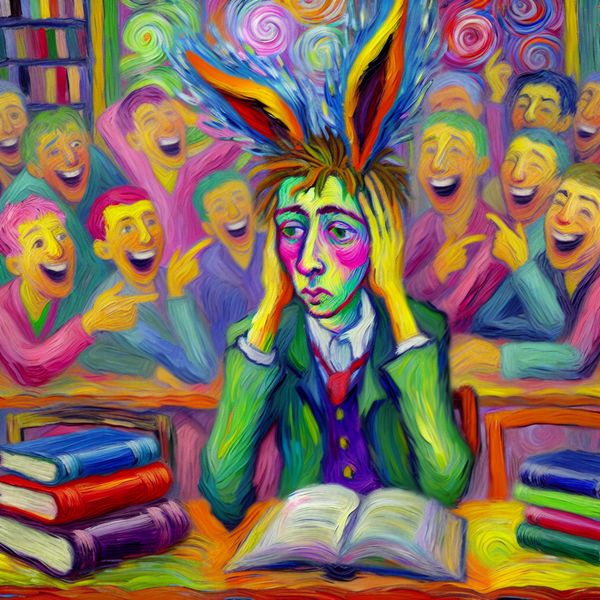 Humoristische klasomgeving met een leerling met ezelsoren Een leerling met ezelsoren in een drukke klas vol kleurrijke boeken, omringd door lachende klasgenoten