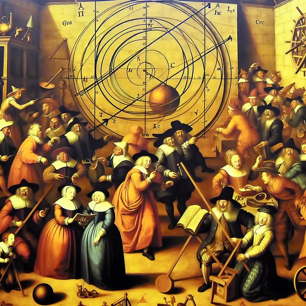 Een levendige en humoristische scène in de stijl van Jan Steen met personages die interacteren rond een grote ellips, omringd door geometrische voorwerpen.
