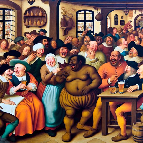 Humoristisch tafereel in Jan Steen stijl met vrienden in een taverne Een levendig tafereel in een taverne met vrienden die lachen en spelen, en een karikatuur van een mannelijke figuur.