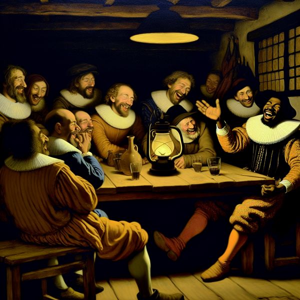 Humoristische taverne scène met vrienden Een groep mensen in een levendige taverne lacht rond een tafel terwijl iemand een grap vertelt.