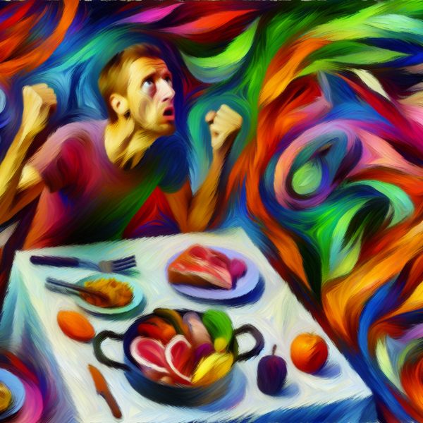 Hunkering naar Voedsel - Abstracte Expressie Abstract expressionist kunstwerk met een persoon die angstig wacht aan een dinertafel, omringd door abstracte voedselobjecten in levendige kleuren.