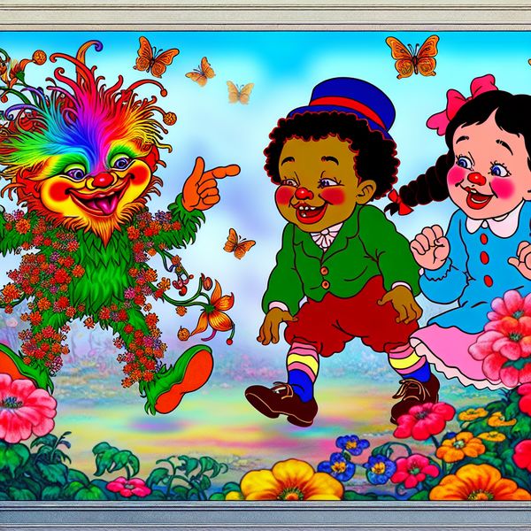 Een huppeldepup, een schattig en speels fictief karakter, in een kleurrijke tuin vol bloemen en vlinders, met lachende kinderen op de achtergrond