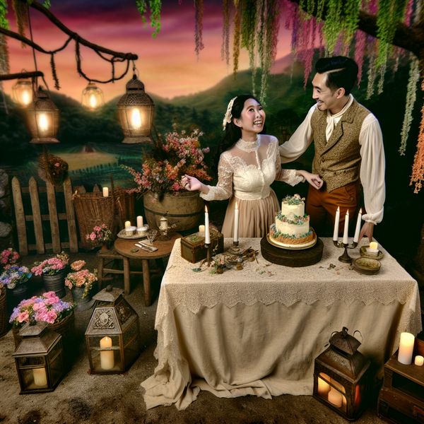 Huwelijksverjaardag viering in een sprookjesachtige setting Een stel viert hun huwelijksverjaardag in een betoverende buitenomgeving, met een mooi versierde tafel en een vintage taart.
