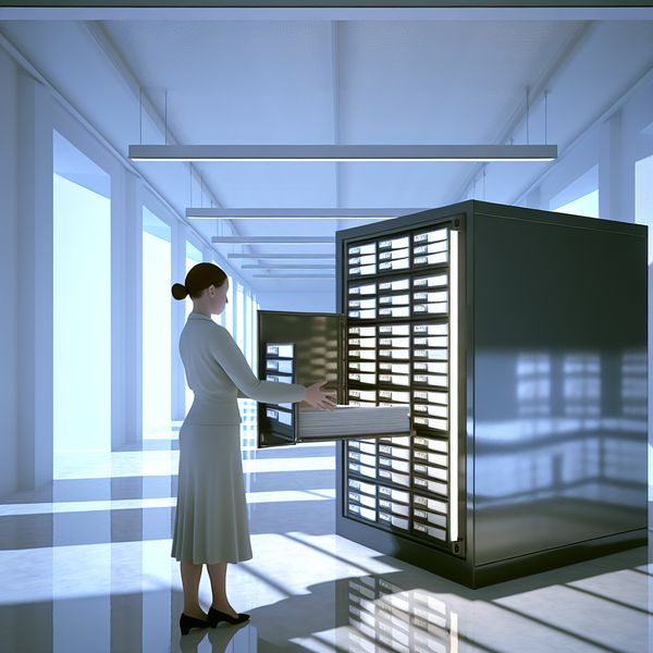 Een hyper-realistisch archiefkast in een heldere, steriele kamer met geschenkte documenten.