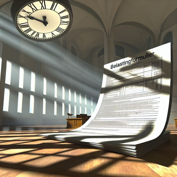 Hyper-realistisch belastingformulier voor belastingaangifte Een hyper-realistisch belastingdocument op een houten tafel met surrealistische elementen op de achtergrond.