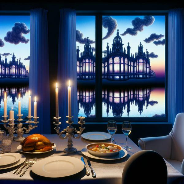 Hyper-realistische dinerervaring met avondmaaltijd Hyper-realistisch diner tafelscène bij schemering met elegant servies en uitzicht op surrealistisch landschap.