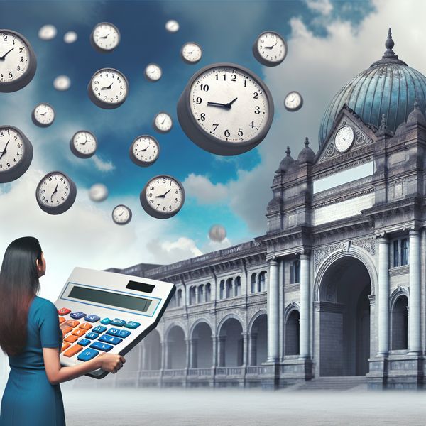 Hyper-realisme: Investeren in kunst en kostenberekening Een persoon met een grote calculator staat voor een majestueus gebouw dat lijkt op een klassiek museum, terwijl vervormde klokken in de lucht zweven.