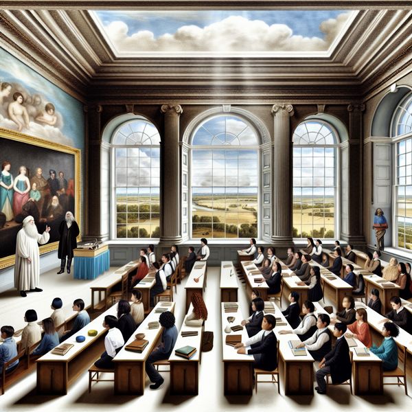 Illustratie van een hyper-realistisch klaslokaal met diverse leerlingen luisterend naar een vrouwelijke lerares die een verhaal vertelt, met grote ramen die licht binnenlaten en een imposante schoolbord.