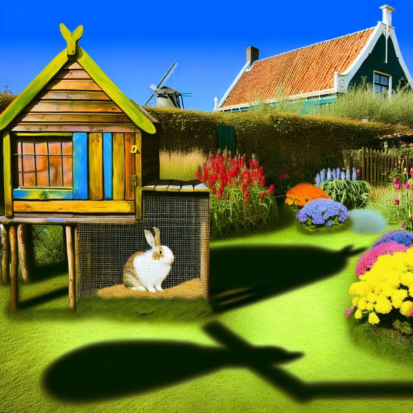 Hyper-realistisch konijnenhok in een serene achtertuin Een hyper-realistisch konijnenhok gemaakt van hout en gaas, omringd door kleurrijke bloemen en gras.