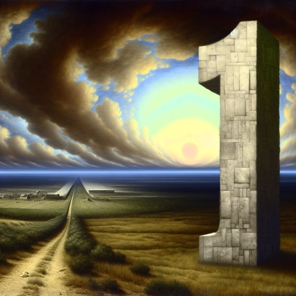 Hyper-realistisch landschap met getal één als sculptuur Een hyper-realistische afbeelding van een uitgestrekt surrealistisch landschap met een grote stenen sculptuur van het getal '1' op de voorgrond.