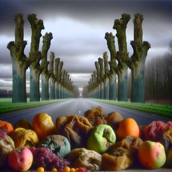 Een hyper-realistisch landschap met verrotte vruchten op de grond, omringd door een verlaten weg en dramatische bomen onder een sombere lucht.