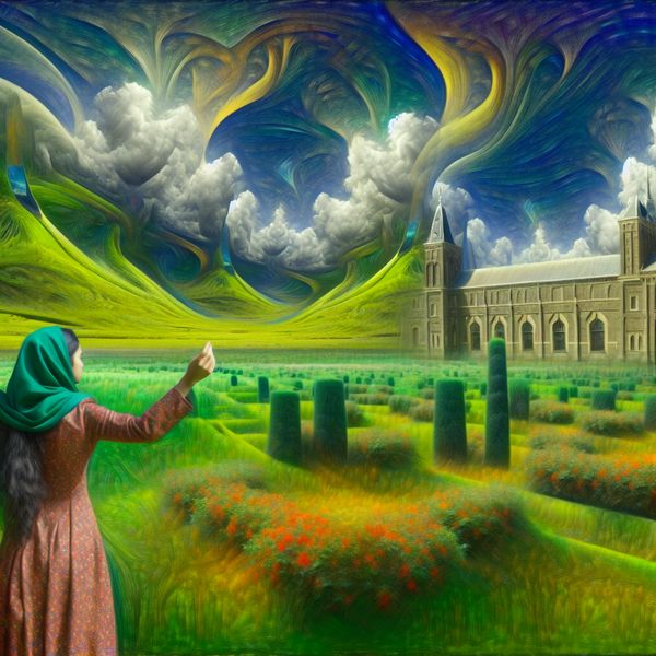 Hyper-realistisch landschap met een figuur die handen openhoudt, kijkend naar een levendige horizon