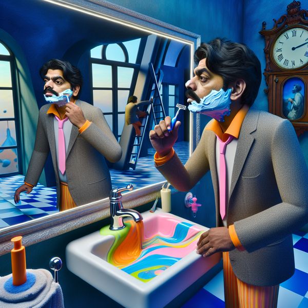 Hyper-realistische afbeelding van een man die zich scheert Een man die zich scheert voor een oversized spiegel in een surrealistische omgeving.