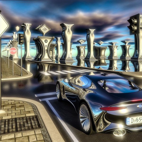 Hyper-realistisch beeld van een moderne auto die de hoek omdraait Een hyper-realistisch beeld van een moderne auto die om de hoek van een zijstraat draait, met reflecties van het omgeving in de glanzende carrosserie.