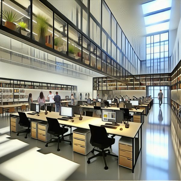 Hyper-realistisch interieur van een moderne kantoorruimte Een hyper-realistisch binnenaanzicht van een modern kantoor met glaswanden en mensen die samenwerken.