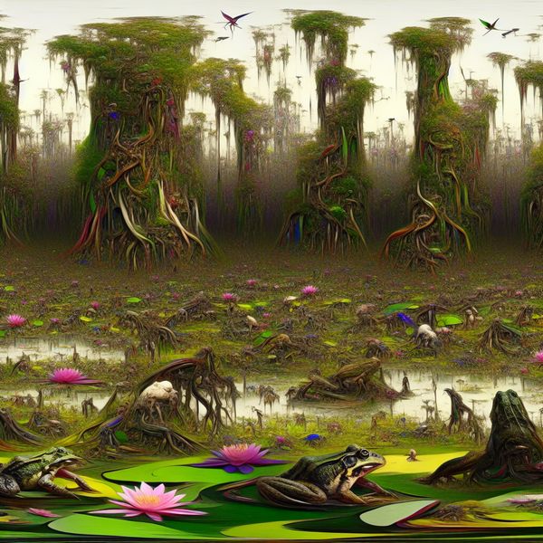Een hyper-realistisch moeraslandschap met buitensporige bomen, kleurrijke bloemen en dieren zoals kikkers en libellen.